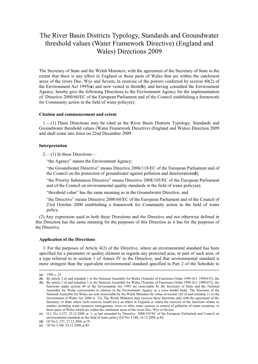 Water Framework Directive) (England and Wales) Directions 2009