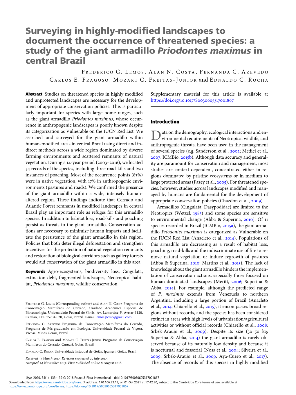 A Study of the Giant Armadillo Priodontes Maximus in Central Brazil