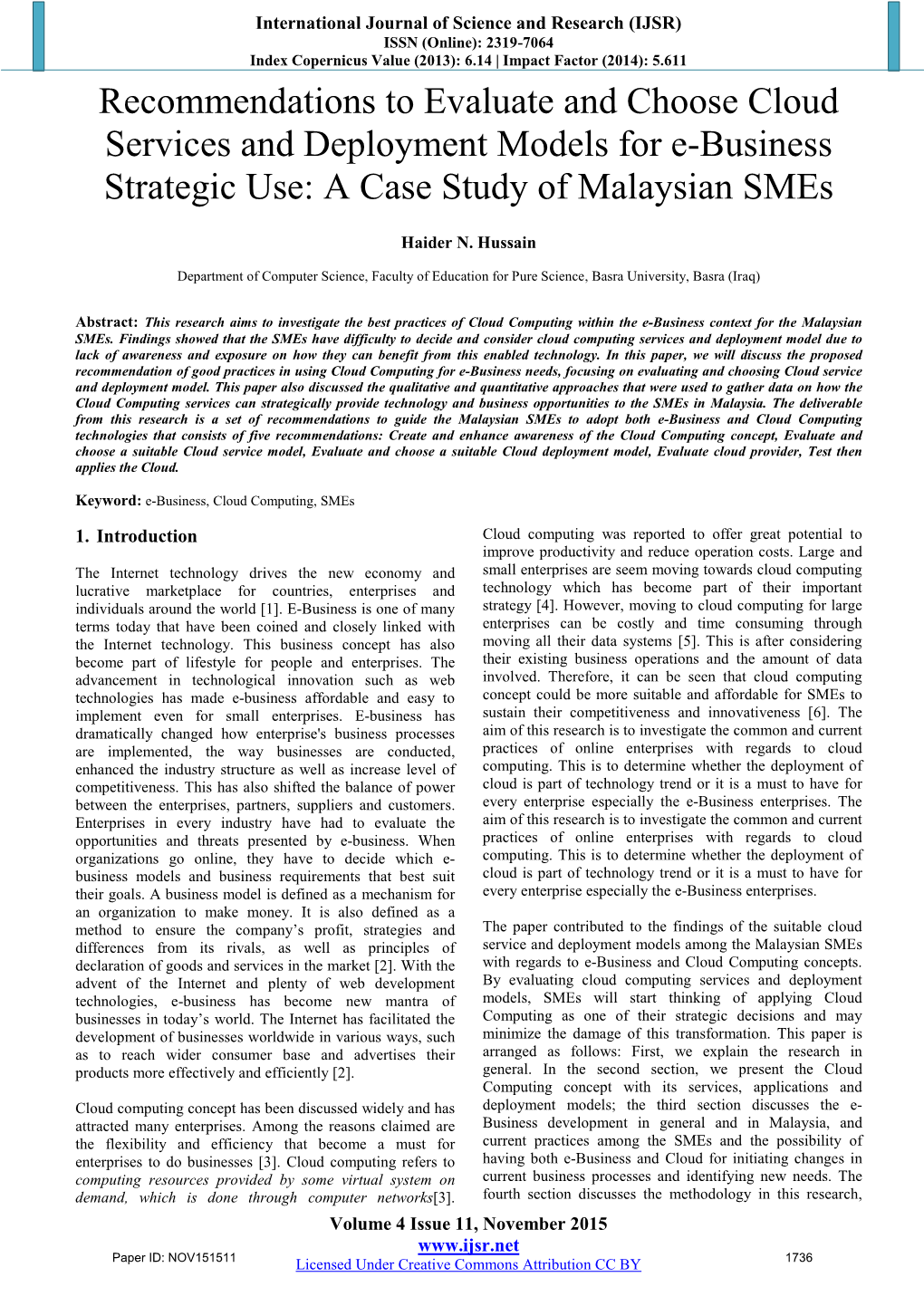 Recommendations to Evaluate and Choose Cloud Services and Deployment Models for E-Business Strategic Use: a Case Study of Malaysian Smes