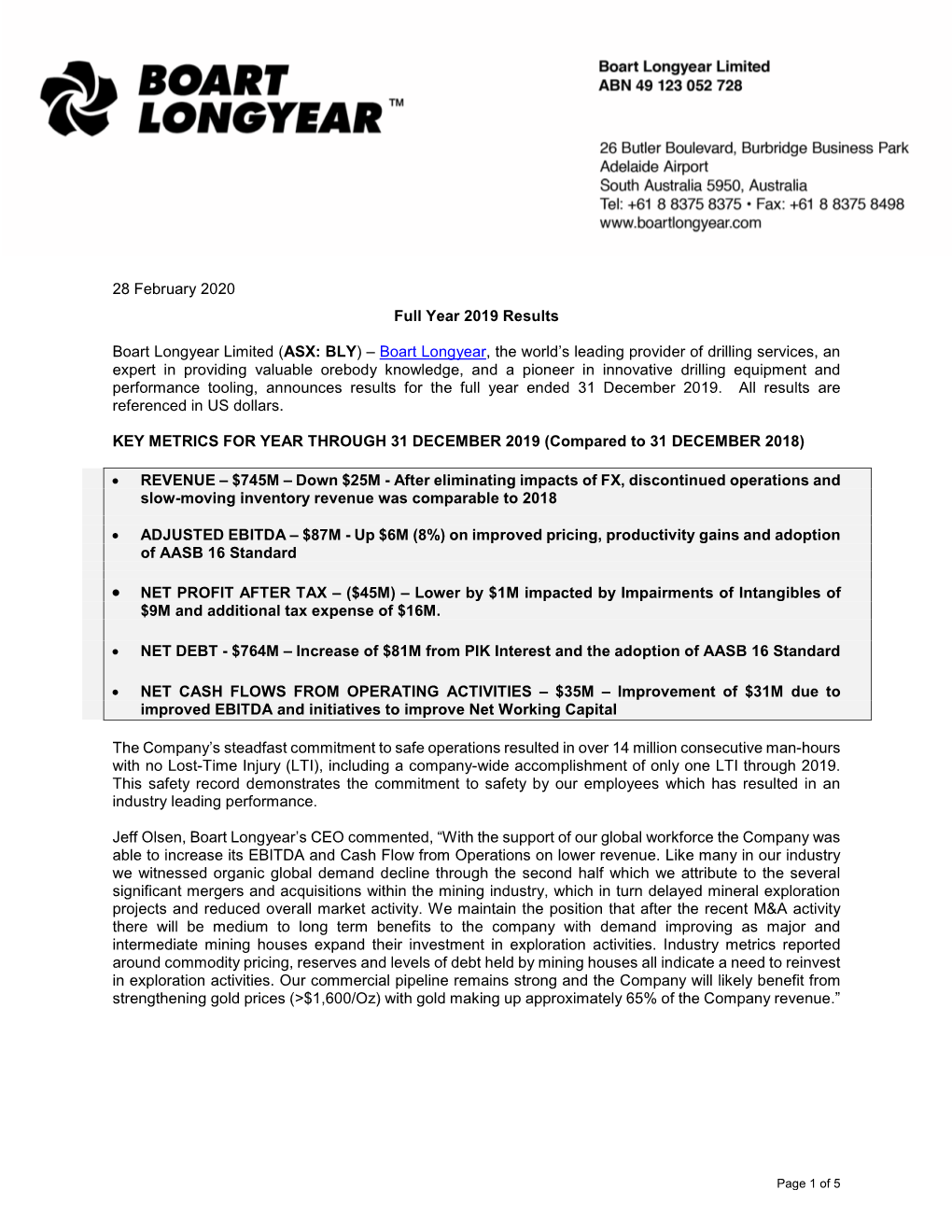 28 February 2020 Full Year 2019 Results Boart Longyear Limited