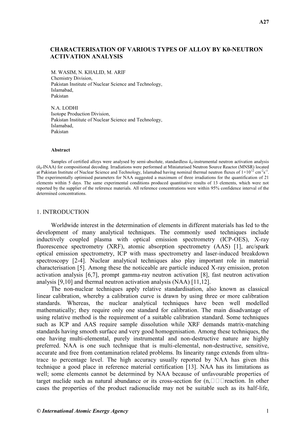 Characterisation of Various Types of Alloy by K0-Neutron Activation Analysis