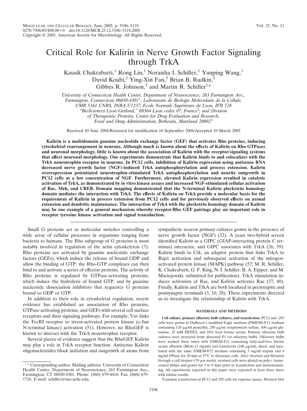 A Critical Role for Kalirin in NGF Signaling Through Trka