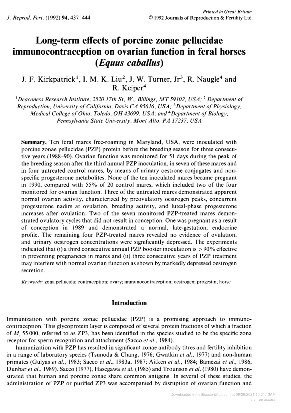 Immunocontraception on Ovarian Function in Feral Horses (Equus Caballus) J