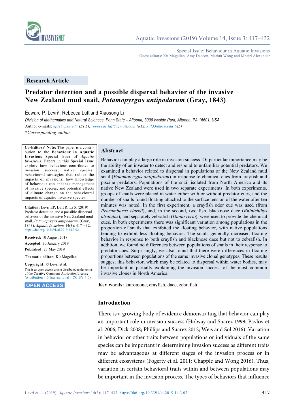 Predator Detection and a Possible Dispersal Behavior of the Invasive New Zealand Mud Snail, Potamopyrgus Antipodarum (Gray, 1843)