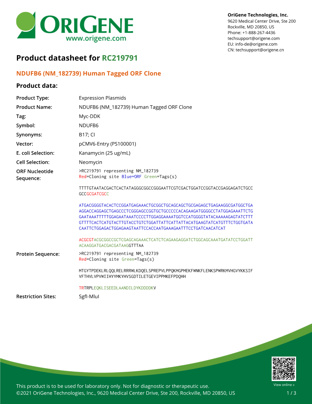 NDUFB6 (NM 182739) Human Tagged ORF Clone Product Data