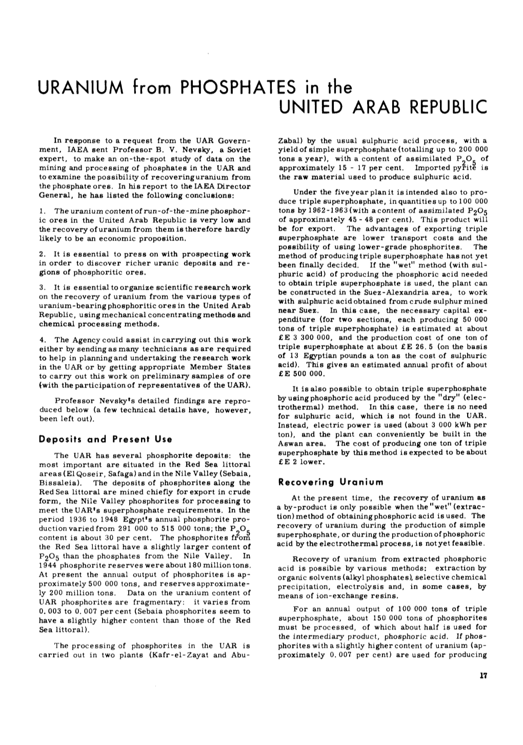 URANIUM from PHOSPHATES in the UNITED ARAB REPUBLIC