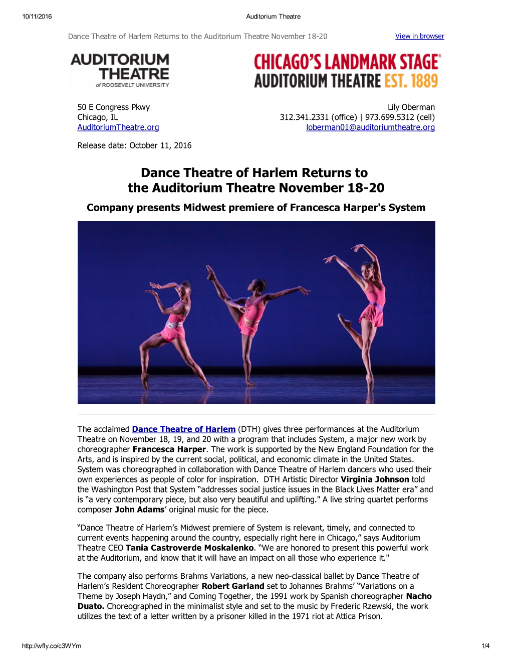 Dance Theatre of Harlem Returns to the Auditorium Theatre November 18­20 View in Browser