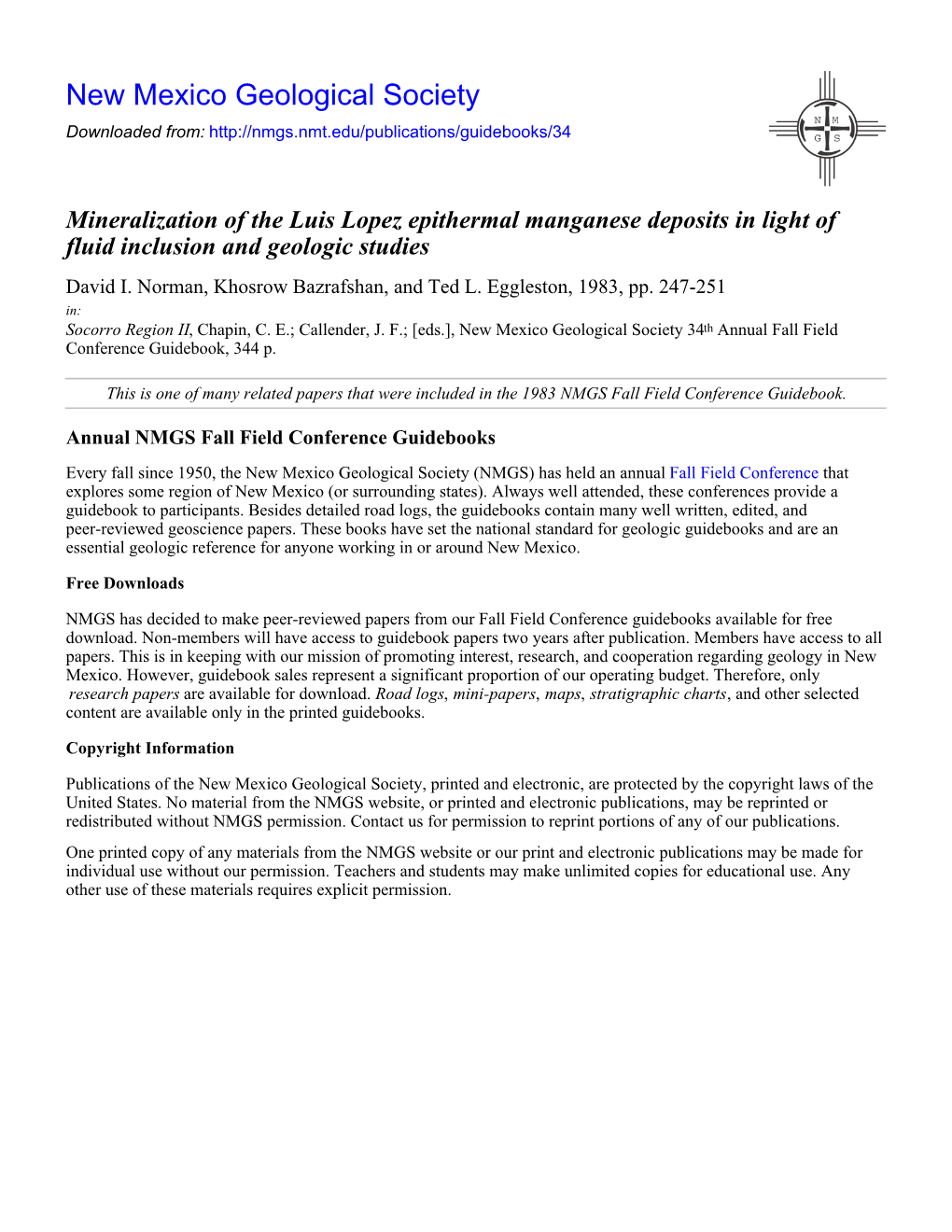 Mineralization of the Luis Lopez Epithermal Manganese Deposits in Light of Fluid Inclusion and Geologic Studies David I