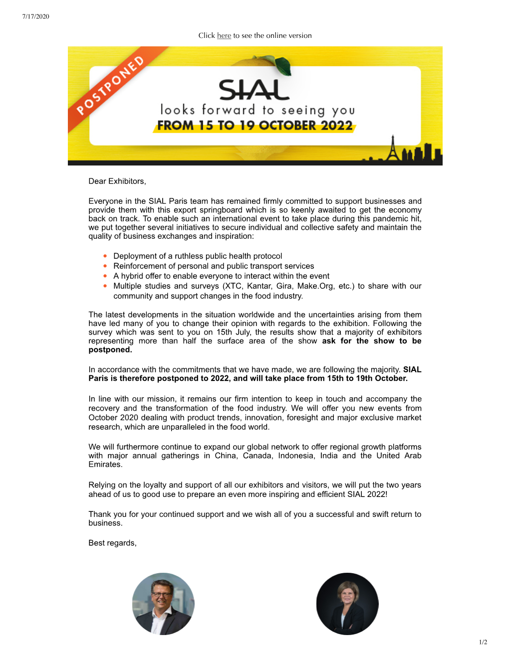 Dear Exhibitors, Everyone in the SIAL Paris Team Has Remained Firmly