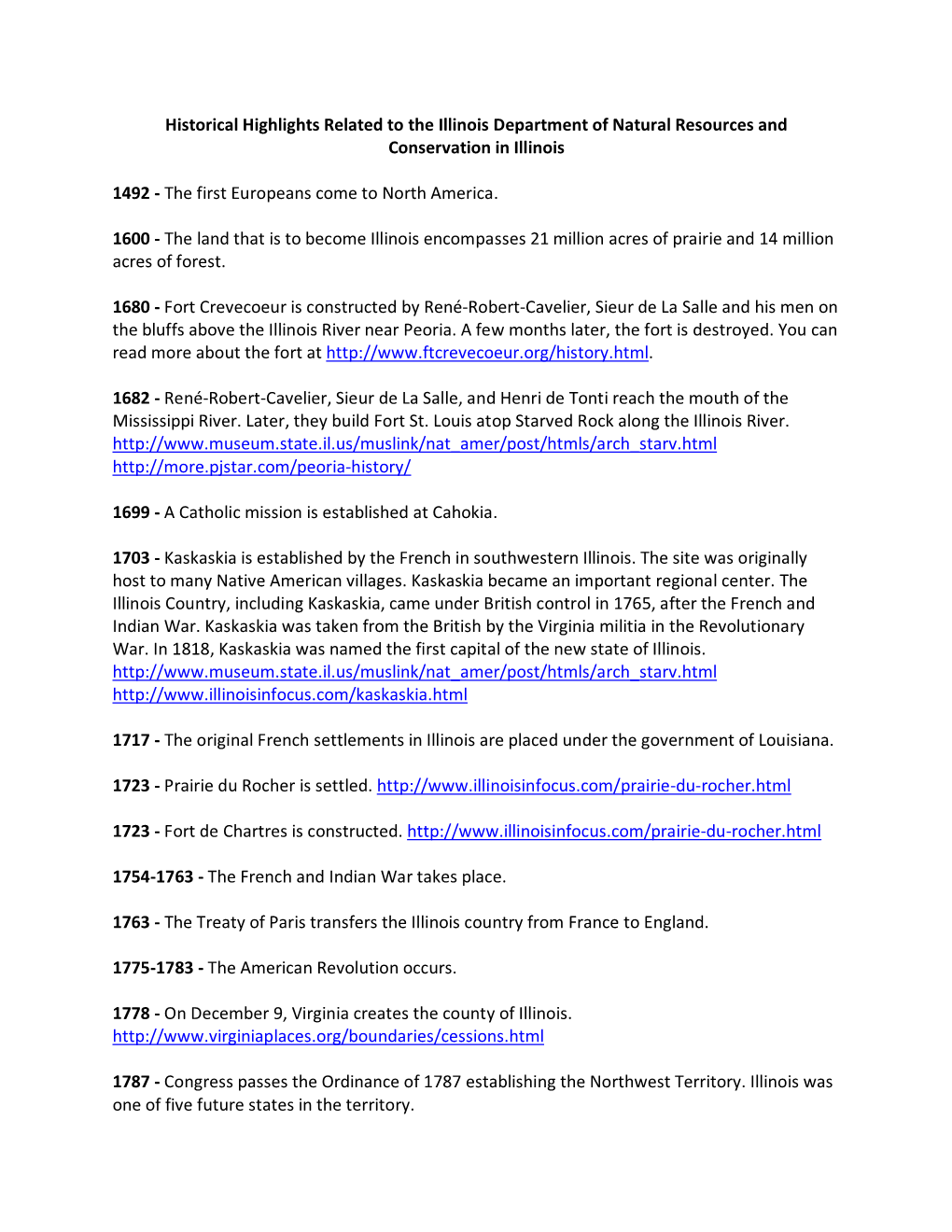 Historical Highlights Related to the Illinois Department of Natural Resources and Conservation in Illinois