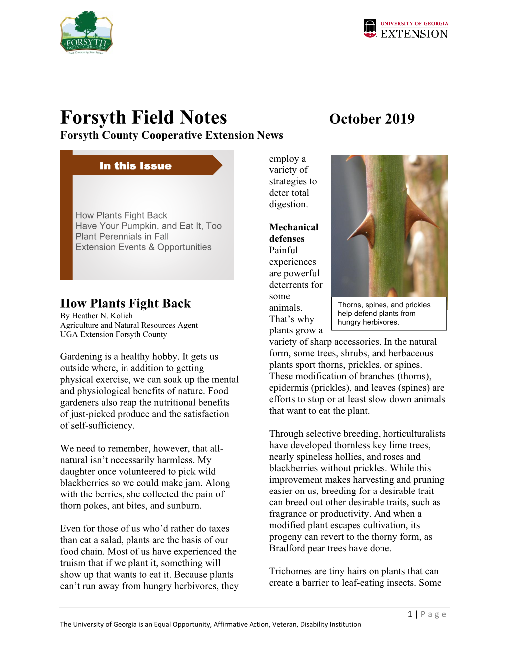 Forsyth Field Notes October 2019 Forsyth County Cooperative Extension News