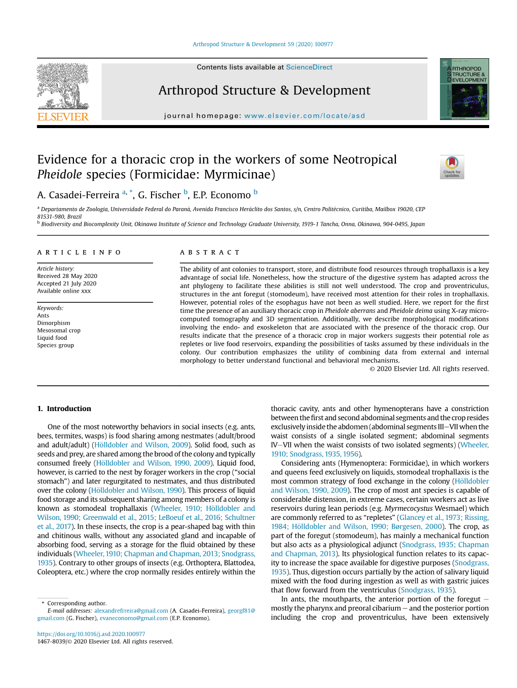 Evidence for a Thoracic Crop in the Workers of Some Neotropical Pheidole Species (Formicidae: Myrmicinae)