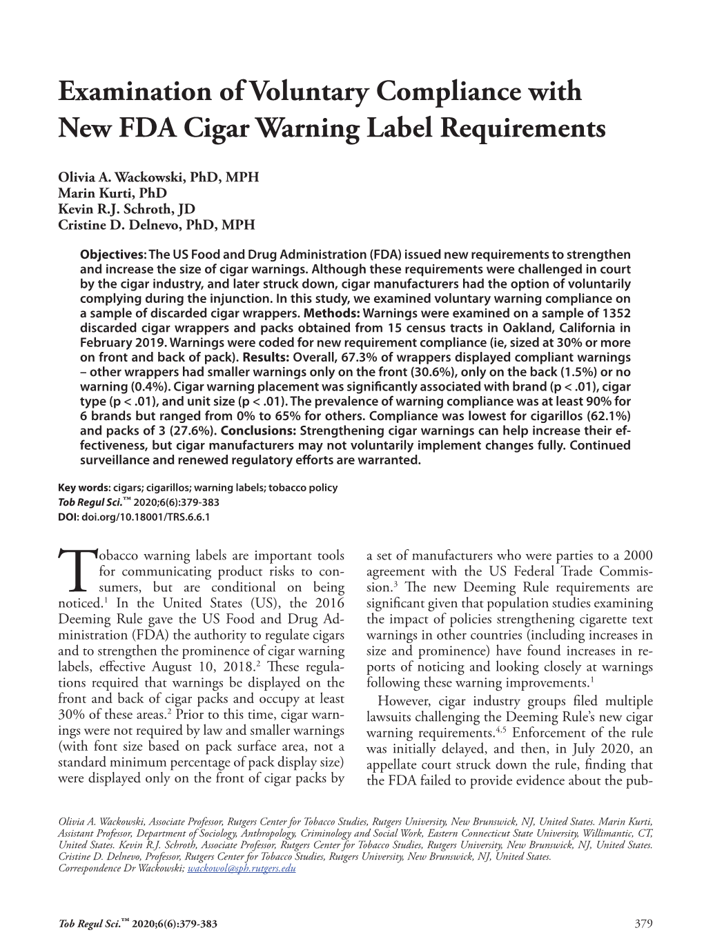 Examination of Voluntary Compliance with New FDA Cigar Warning Label Requirements