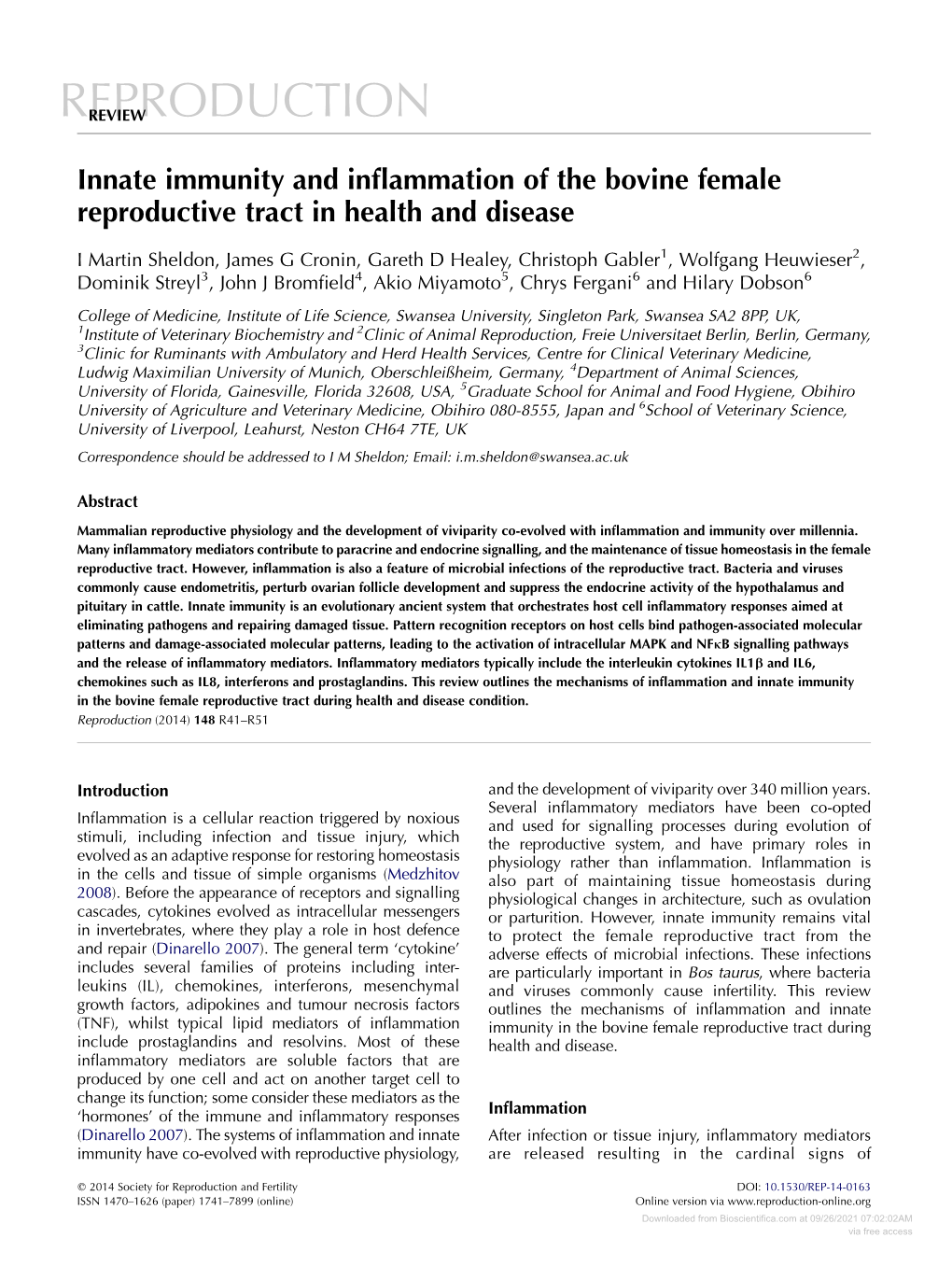 Innate Immunity and Inflammation of the Bovine Female Reproductive Tract