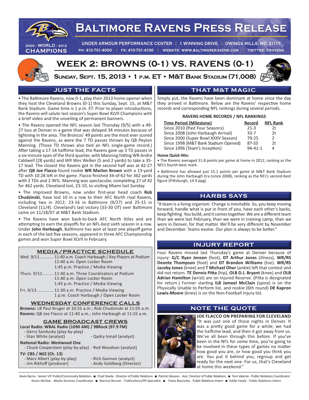 Baltimore Ravens Press Release