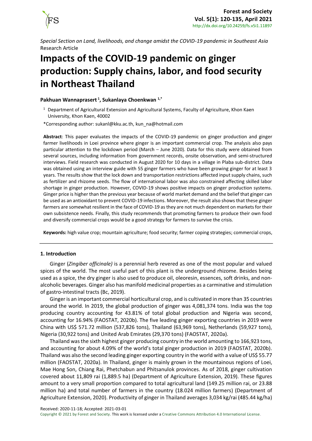 Impacts of the COVID-19 Pandemic on Ginger Production: Supply Chains, Labor, and Food Security in Northeast Thailand