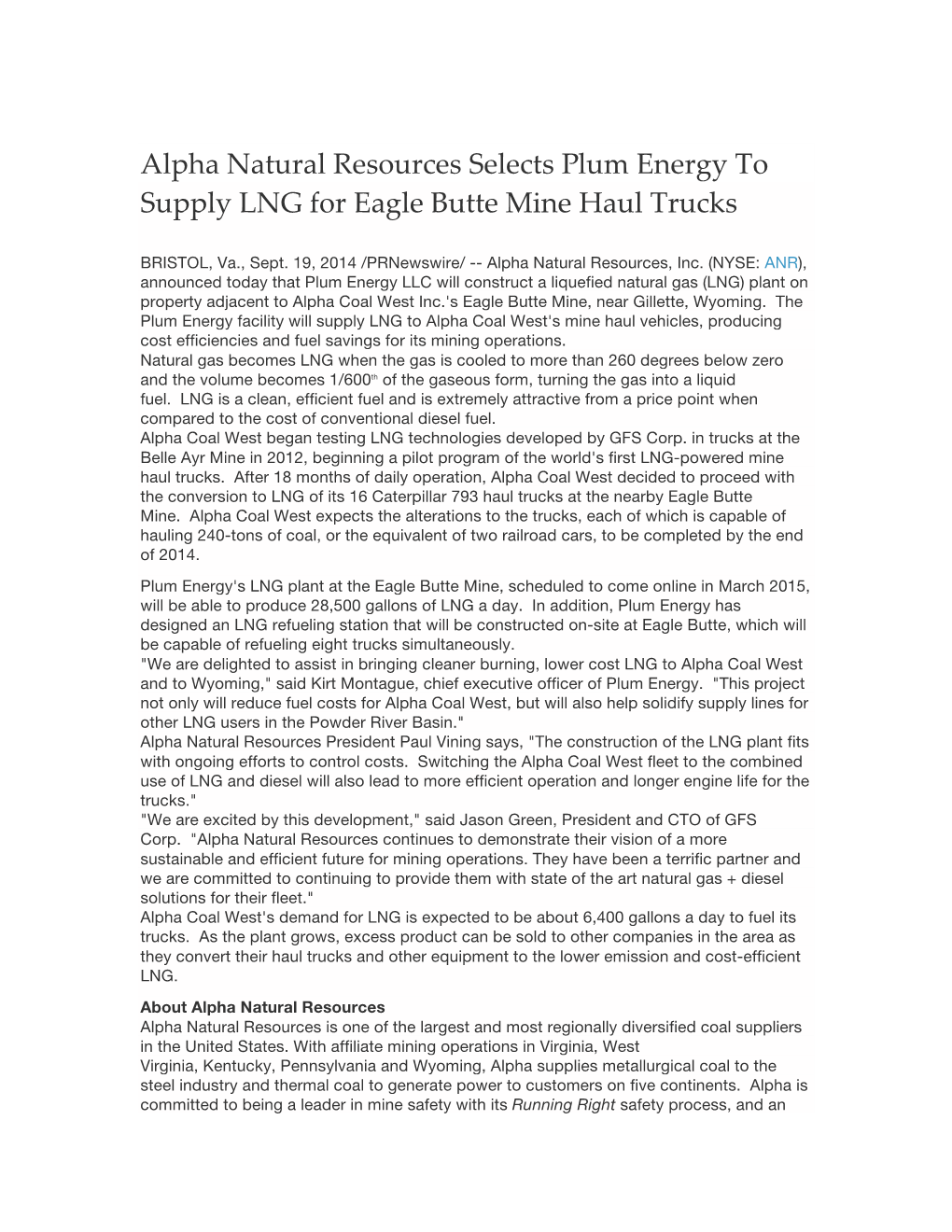 Alpha Natural Resources Selects Plum Energy to Supply LNG for Eagle Butte Mine Haul Trucks