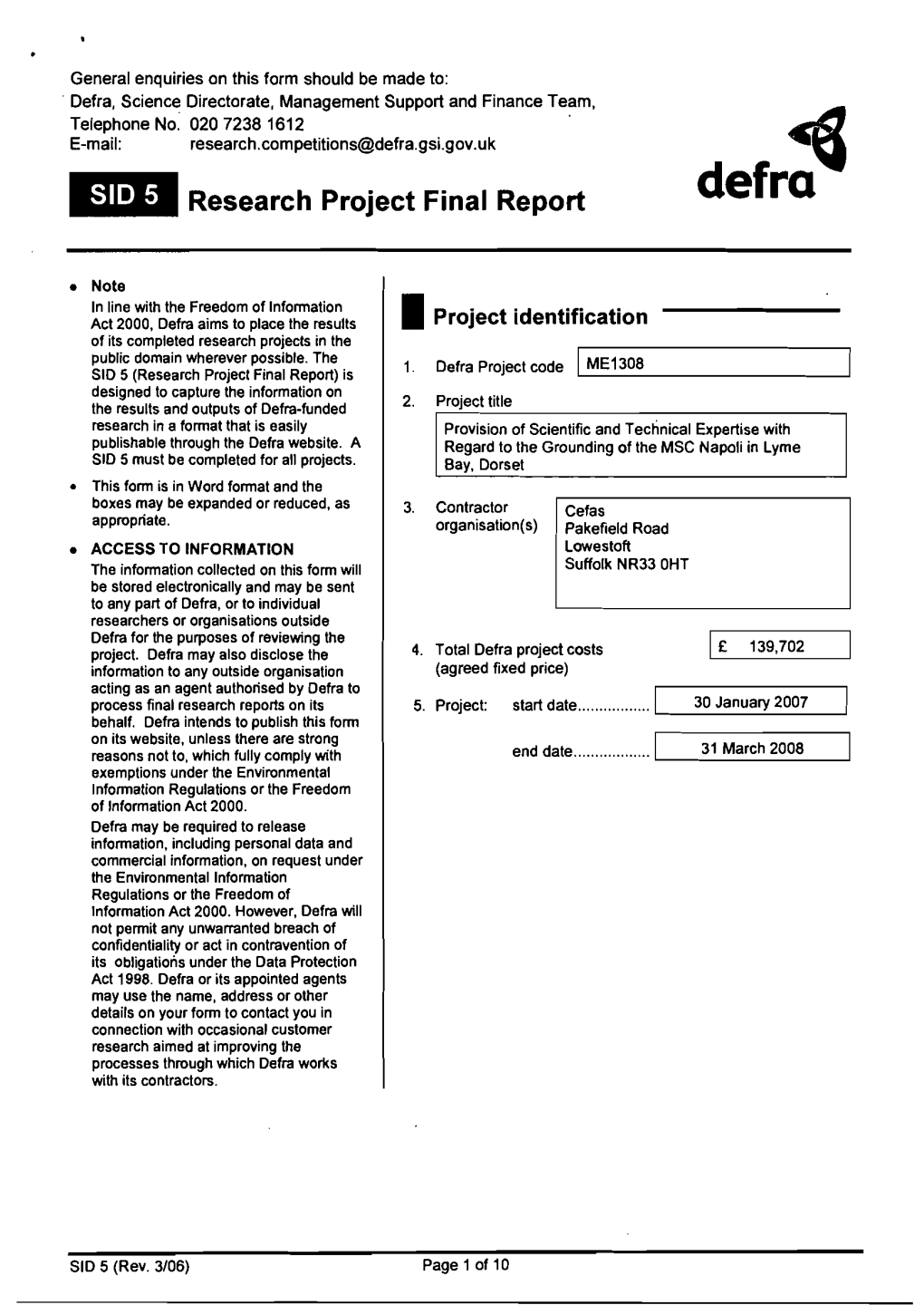 ME1308: Design and Co-Ordination of the Programme by Cefas