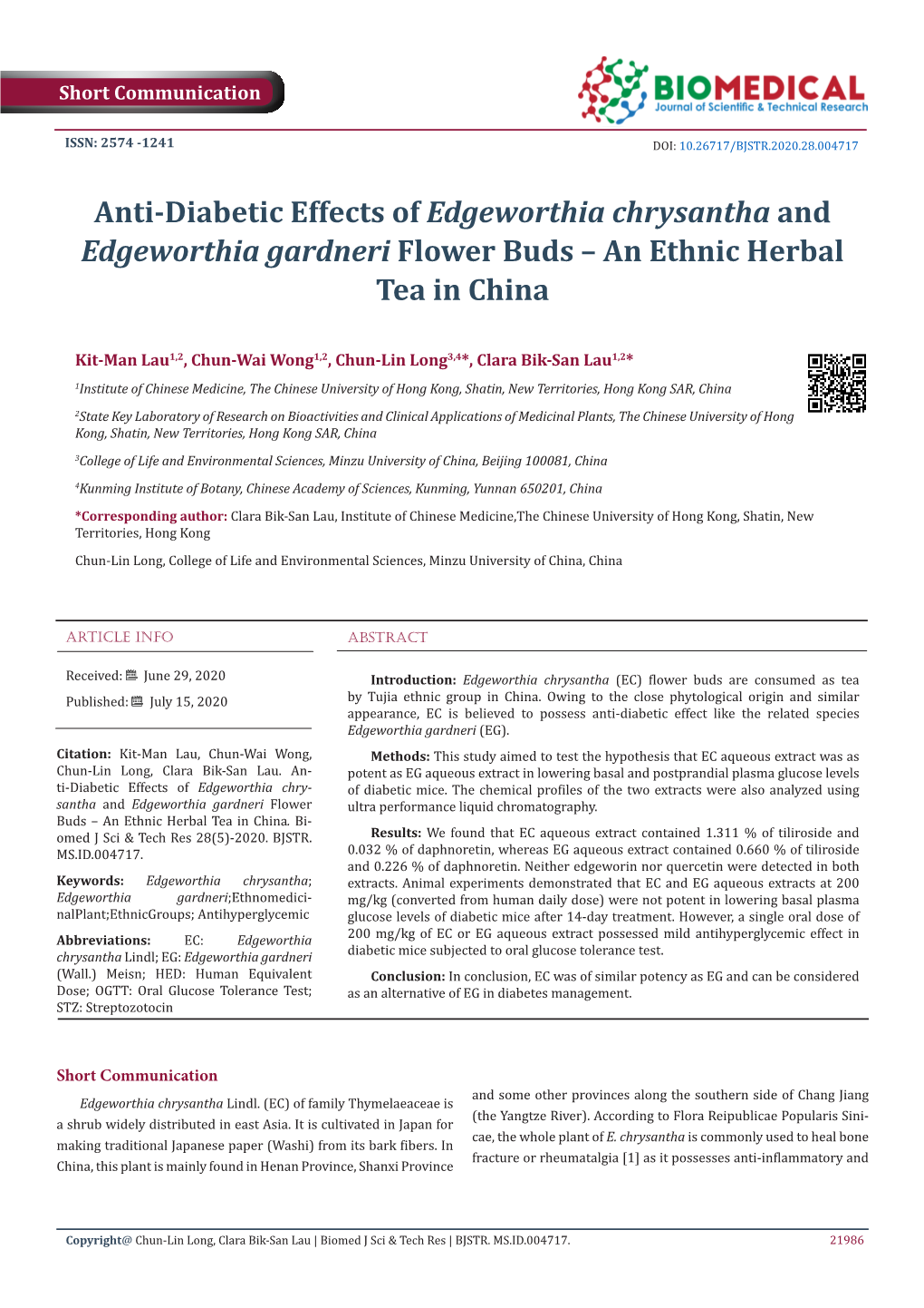 Anti-Diabetic Effects of Edgeworthia Chrysantha and Edgeworthia Gardneri Flower Buds – an Ethnic Herbal Tea in China