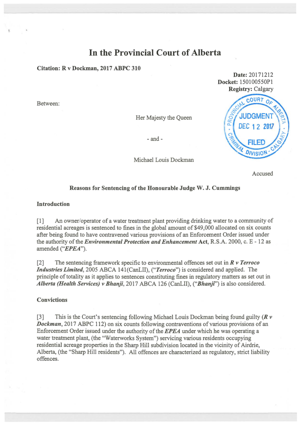 Reasons for Sentencing of the Honourable Judge WJ Cummings