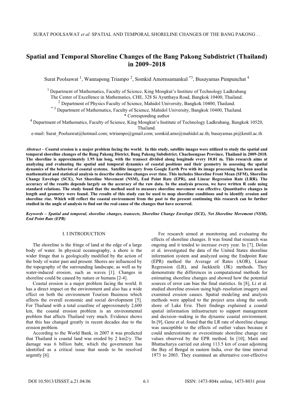 Spatial and Temporal Shoreline Changes of the Bang Pakong Subdistrict (Thailand) in 2009–2018