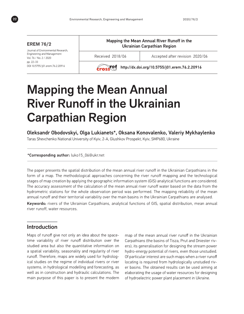 Mapping the Mean Annual River Runoff in the Ukrainian Carpathian Region