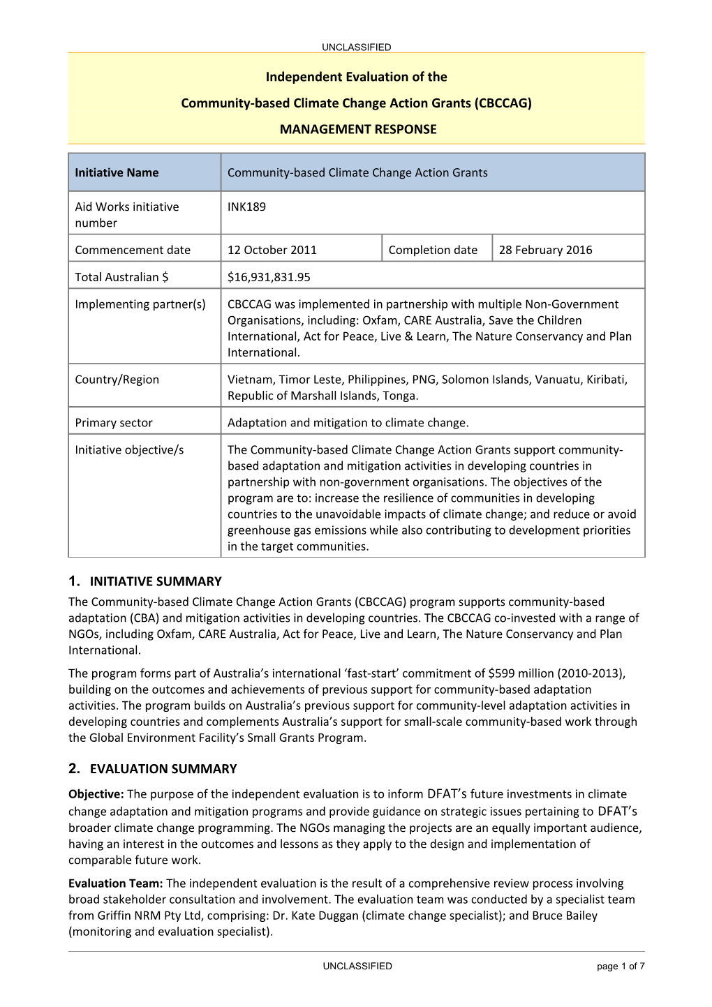 Community-Based Climate Change Action Grants (CBCCAG)