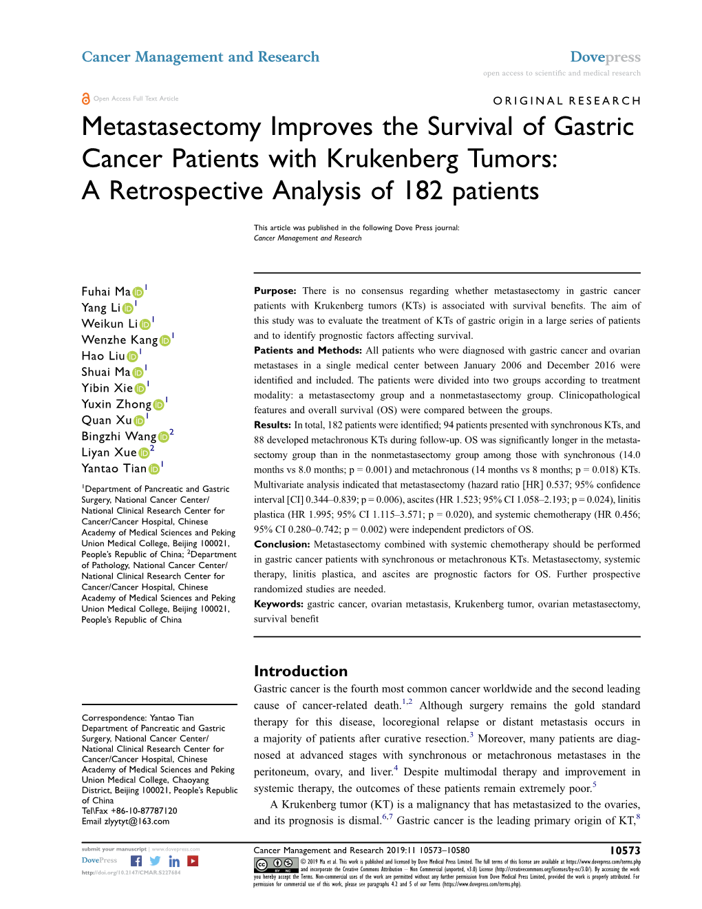 Metastasectomy Improves the Survival of Gastric Cancer Patients with Krukenberg Tumors: a Retrospective Analysis of 182 Patients