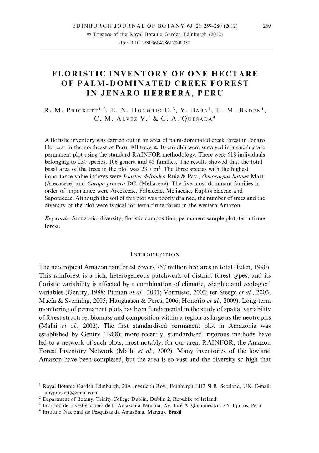 Floristic Inventory of One Hectare of Palm-Dominated Creek Forest in Jenaro Herrera, Peru