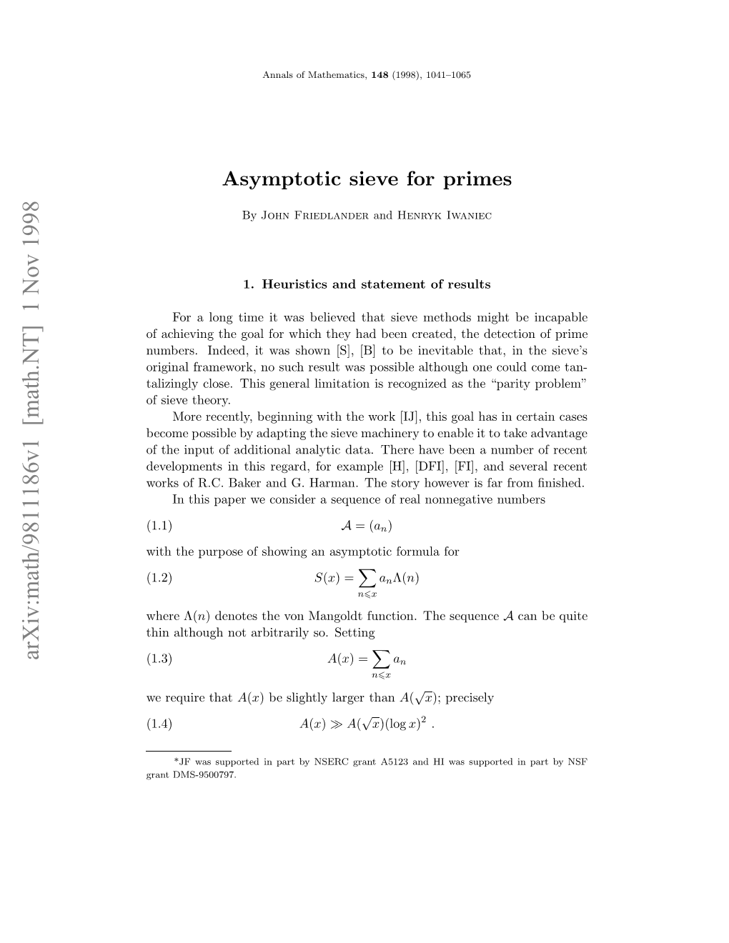 Asymptotic Sieve for Primes 1043