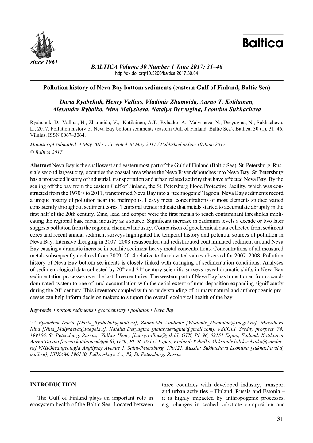 31–46 Pollution History of Neva Bay Bottom Sediments (Eastern Gulf of Finl