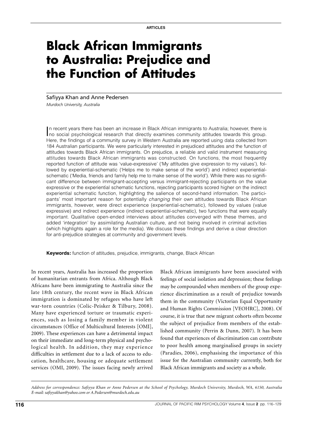 Black African Immigrants to Australia: Prejudice and the Function of Attitudes