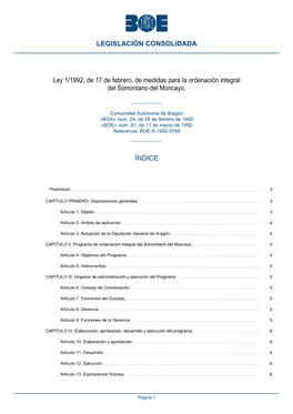 Ley 1/1992, De 17 De Febrero, De Medidas Para La Ordenación Integral Del Somontano Del Moncayo