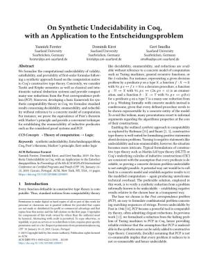 On Synthetic Undecidability in Coq, with an Application to the Entscheidungsproblem
