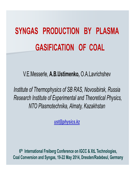 Syngas Production by Plasma Gasification of Coal