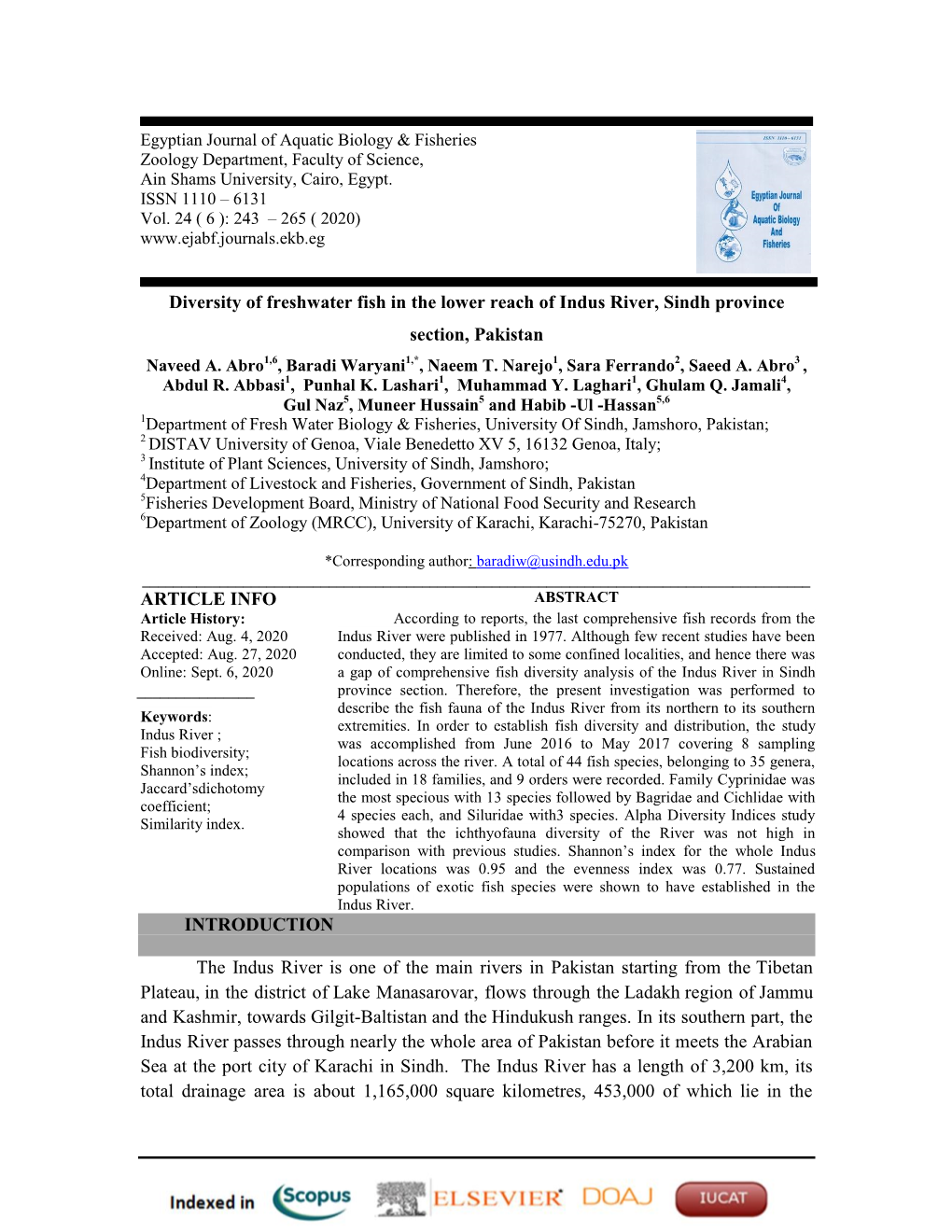 Diversity of Freshwater Fish in the Lower Reach of Indus River, Sindh Province Section, Pakistan Naveed A