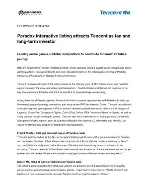 Paradox Interactive Listing Attracts Tencent As Fan and Long-Term Investor