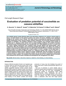 Evaluation of Predation Potential of Coccinellids on Cassava Whiteflies