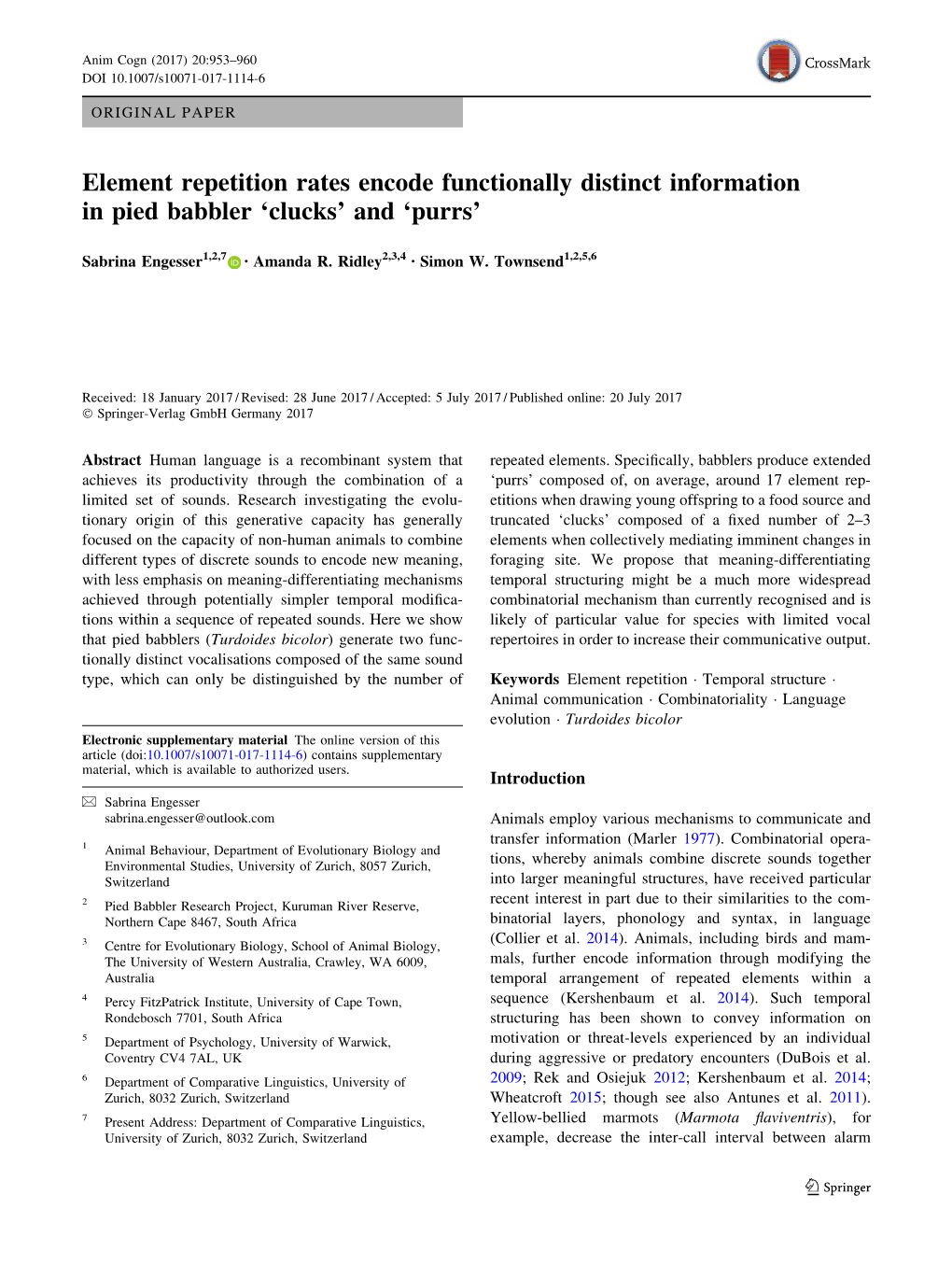 Element Repetition Rates Encode Functionally Distinct Information in Pied Babbler 'Clucks' and 'Purrs'