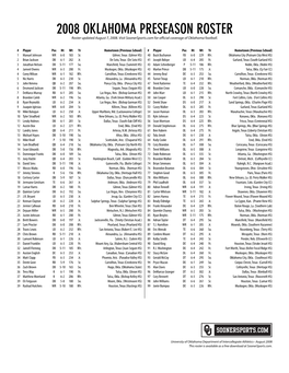 2008 OKLAHOMA PRESEASON ROSTER Roster Updated August 7, 2008