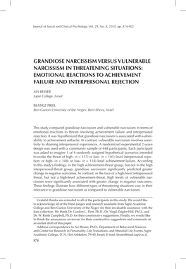 Grandiose Narcissism Versus Vulnerable Narcissism in Threatening Situations: Emotional Reactions to Achievement Failure and Interpersonal Rejection