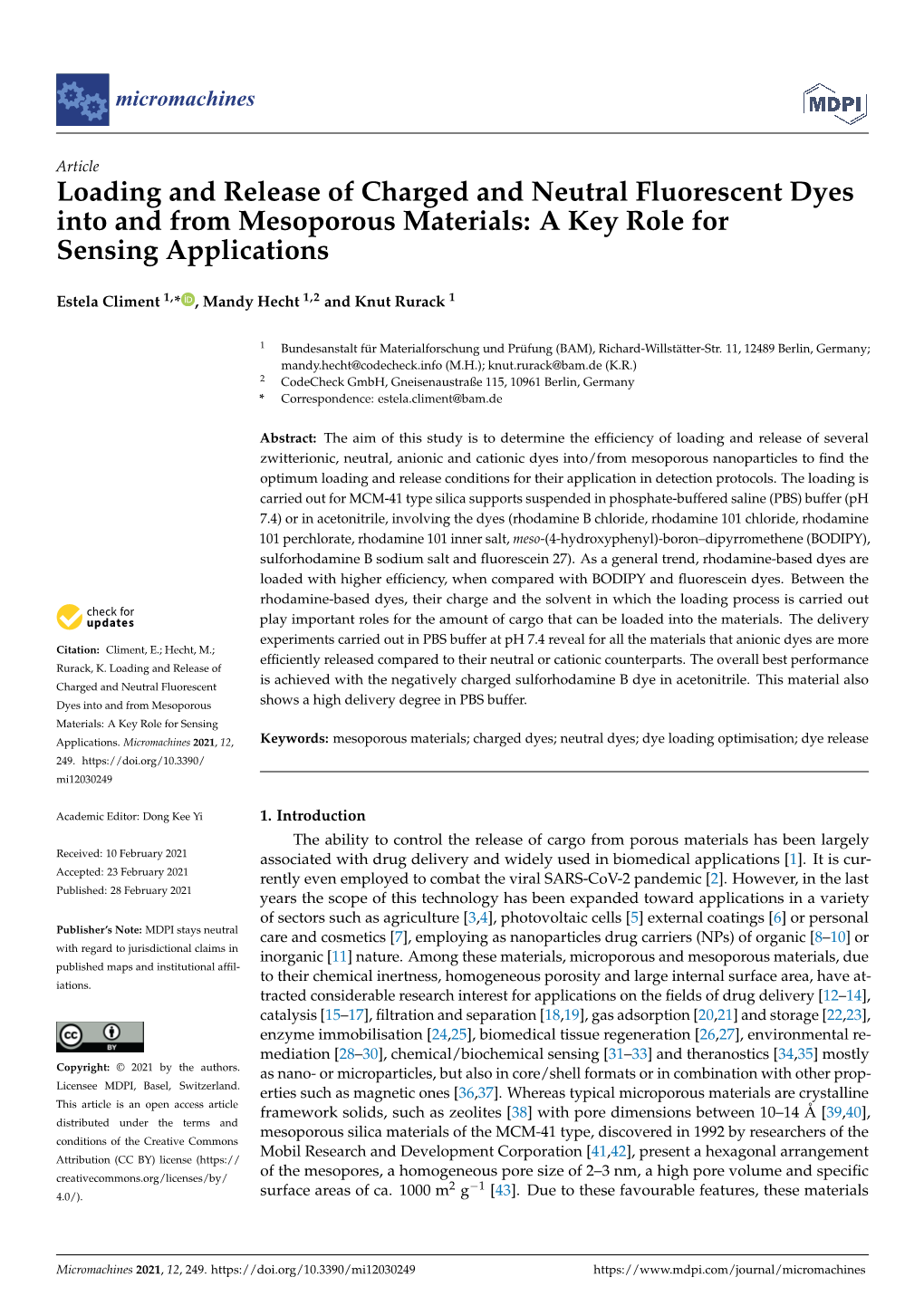 Loading and Release of Charged and Neutral Fluorescent Dyes Into and from Mesoporous Materials: a Key Role for Sensing Applications