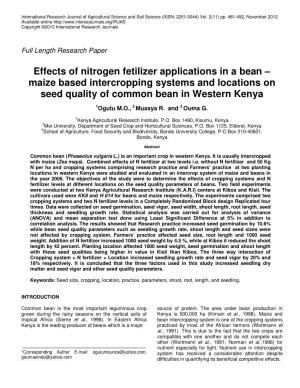 Effects of Nitrogen Fetilizer Applications in a Bean – Maize Based Intercropping Systems and Locations on Seed Quality of Common Bean in Western Kenya