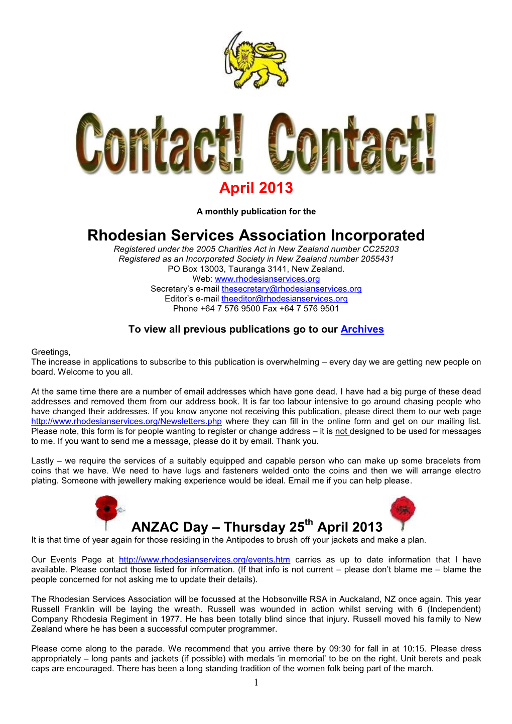 April 2013 Rhodesian Services Association Incorporated