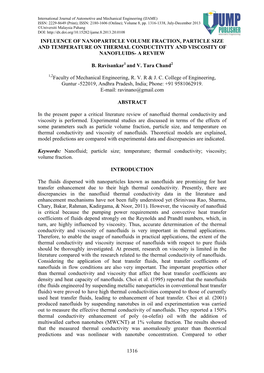 Influence of Nanoparticle Volume Fraction, Particle Size and Temperature on Thermal Conductivity and Viscosity of Nanofluids- a Review