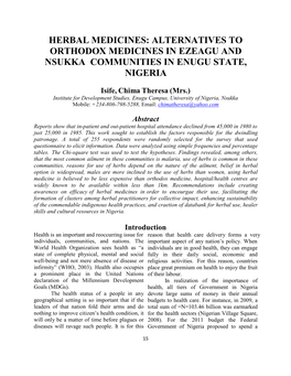 Herbal Medicines: Alternatives to Orthodox Medicines in Ezeagu and Nsukka Communities in Enugu State, Nigeria