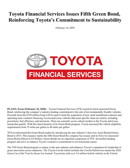 Toyota Financial Services Issues Fifth Green Bond, Reinforcing Toyota's