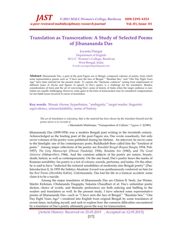 Translation As Transcreation: a Study of Selected Poems of Jibanananda Das