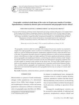 Geographic Variation in Skull Shape of the Water Rat Scapteromys Tumidus