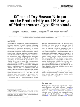 Effects of Dry-Season N Input on the Productivity and N Storage of Mediterranean-Type Shrublands
